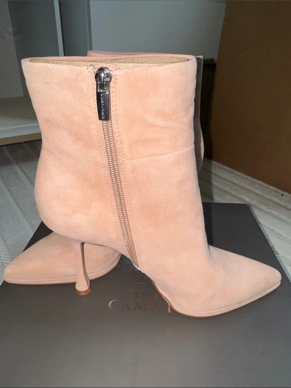Vince Camuto Blush Suede Pointed Toe Stiletto Ankle Boots